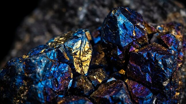 Close up shot of iridescent blue and gold bornite mineral crystal.