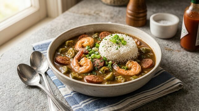 Traditional homemade Cajun gumbo served in a bowl with fresh green onions.