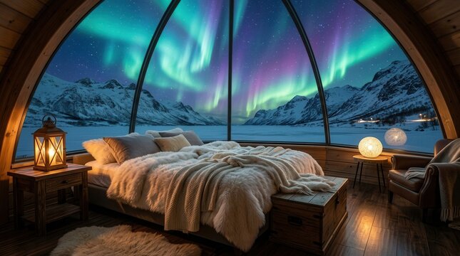 A cozy arctic bedroom interior with soft bedding and a spectacular aurora sky view.