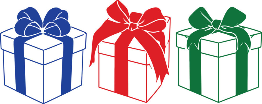 Set of three vector gift boxes with colorful ribbons and bows in red, blue, and green, ideal for holiday designs, Christmas celebrations, birthday cards, and special event decorations.