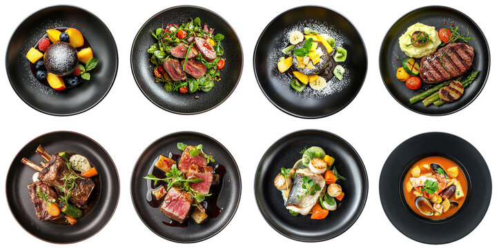 Set of fine dining restaurant dishes: main course, soup, salad, dessert, steak, isolated on transparent background PNG, clipping path, template, mockup, cut out