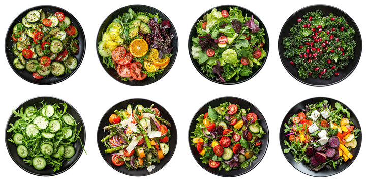 Set of haute cuisine restaurant vegetable salads, isolated on transparent background PNG, clipping path, template, mockup, cut out