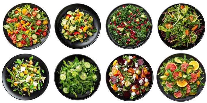Set of haute cuisine restaurant vegetable salads, isolated on transparent background PNG, clipping path, template, mockup, cut out