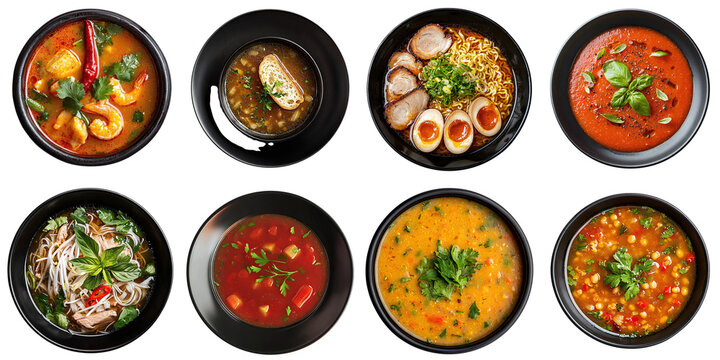 Set of restaurant soups from different countries, isolated on transparent background PNG, clipping path, template, mockup, cut out