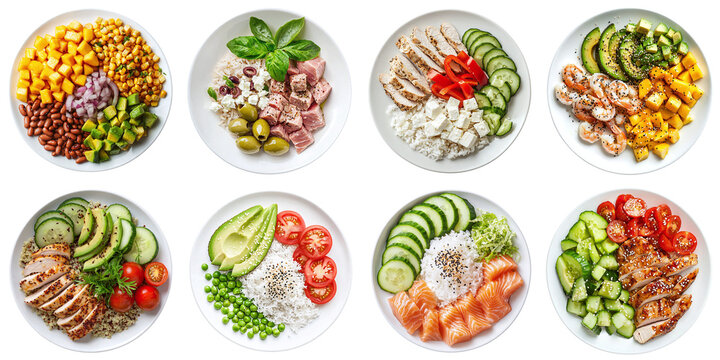 A set of healthy protein bowls, isolated on a transparent background PNG, clipping path, template, mockup, cut out