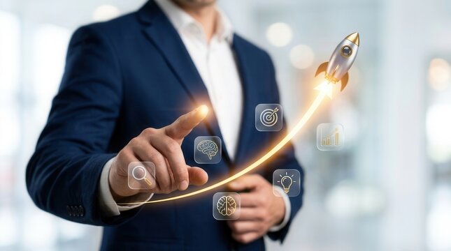 Modern entrepreneur tracing a glowing upward growth trajectory with success icons and a rocket launch.