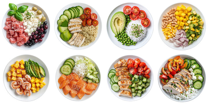 A set of healthy protein bowls, isolated on a transparent background PNG, clipping path, template, mockup, cut out