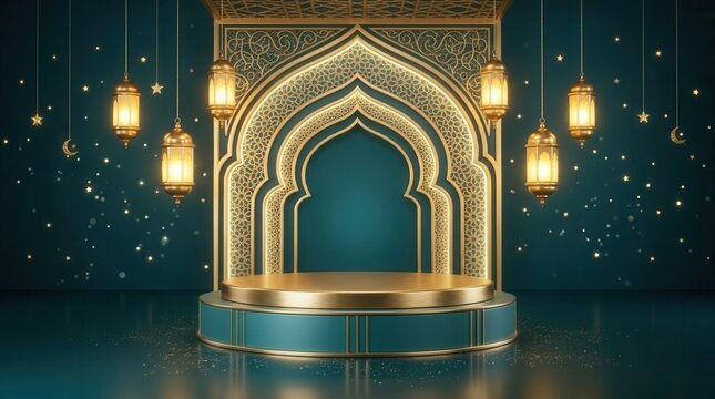 Product display podium with elegant mosque arch for Ramadan Kareem Islamic theme.
