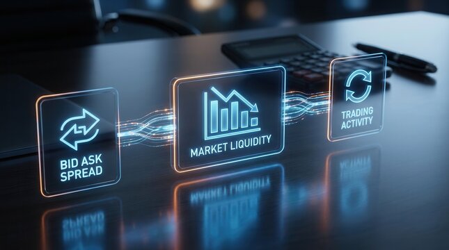 Financial market liquidity concept diagram with neon bid ask spread and trading activity icons.