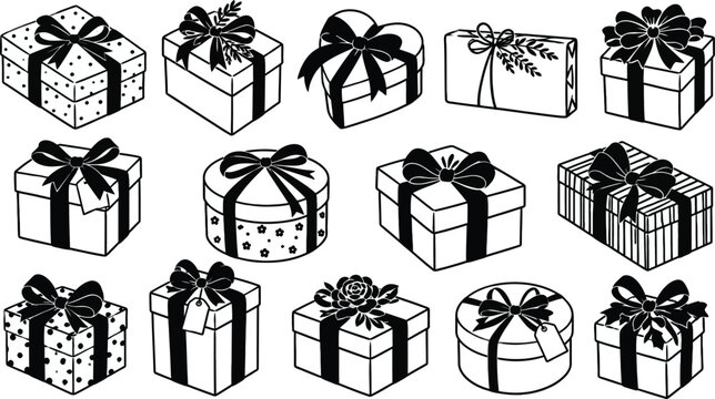 Elegant Black and White Gift Box Vector Set - Hand-Drawn Minimalist Present Illustrations for Holidays, Birthdays, Weddings, Anniversaries, and Christmas Celebrations. Isolated Clip Art Design.