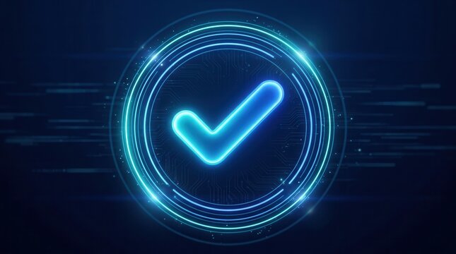 A glowing blue checkmark in a futuristic digital circle representing secure verification and technology.