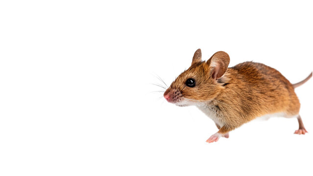 Small wild brown mouse rodent animal standing curiously crawling biology nature, isolated on transparent background.