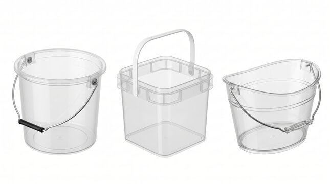 Three empty, transparent plastic buckets with metal handles, including round, square, and oval shapes isolated on a white background