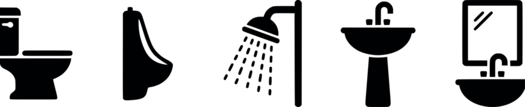 Bathroom Fixtures Vector Icons. Toilet, Urinal, Shower, Sink, and Mirror Symbols.