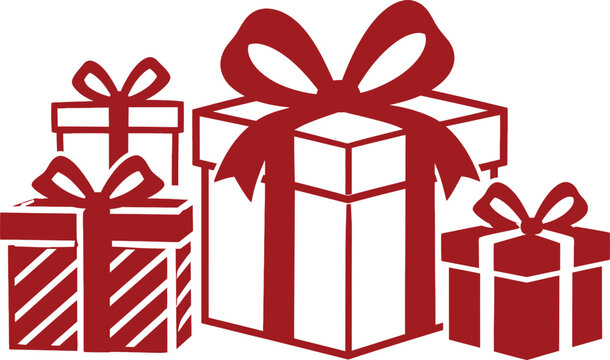 Set of Four Red and White Christmas Gift Boxes with Bows and Ribbons, Minimalist Vector Illustration for Holiday Celebrations, Birthday Presents, Surprise Gifts and Festive Season Design.