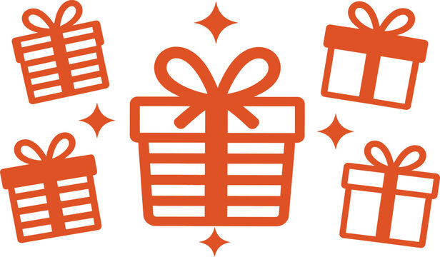 Set of Stylized Orange Gift Box Icons for Holiday Celebrations, Christmas Presents, and Birthday Surprises - Minimalistic Vector Design Elements with Festive Bows and Sparkles for Print.