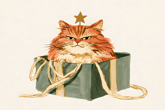 クリスマスプレゼントの箱から顔を出すかわいい猫 サプライズギフトと猫のヴィンテージ風イラスト