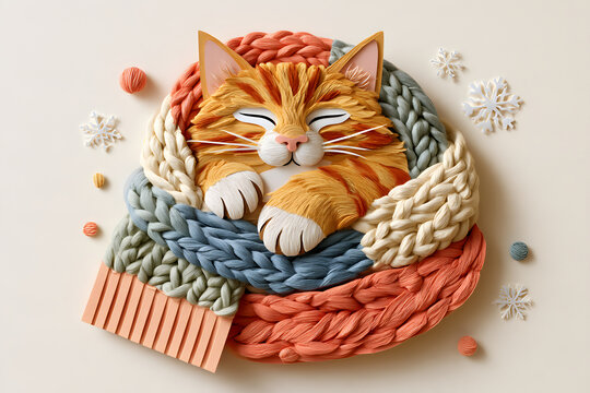 かわいい茶トラ猫が毛糸のベッドで眠る癒しのイラスト ふわふわの編み物に包まれた猫