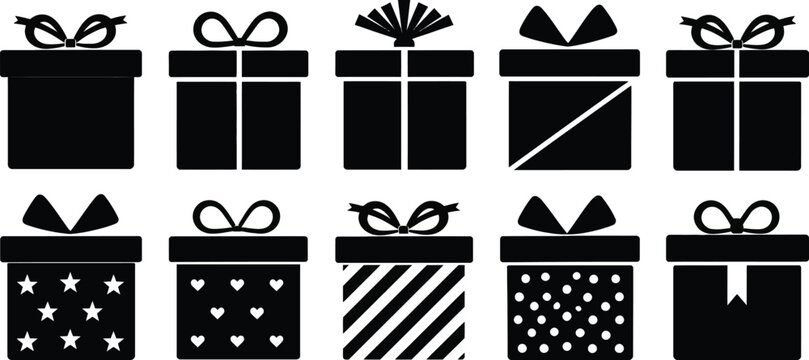 Set of 10 Black Gift Box Icons Vector Illustration for Christmas, Birthdays, and Holidays. Minimalist Silhouettes of Wrapped Presents with Ribbons, Stars, Hearts, and Polka Dot Patterns.