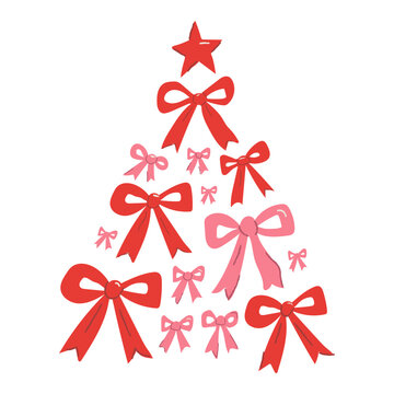 Hand drawn Christmas tree formed by ribbon bows vector clipart. Flat coquette naive illustration of ribbon knot tree with star topper for festive holiday packaging. Vector illustration isolated 