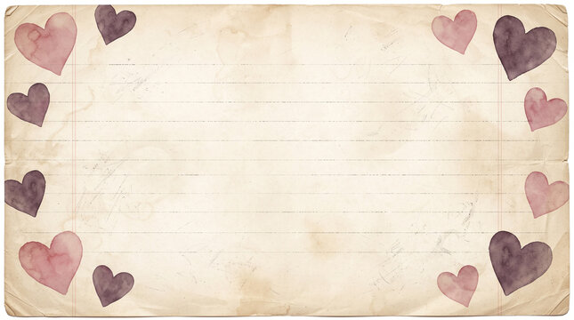 Vintage paper background with watercolor hearts border, old parchment texture with lined writing space for love letter or valentine greeting card