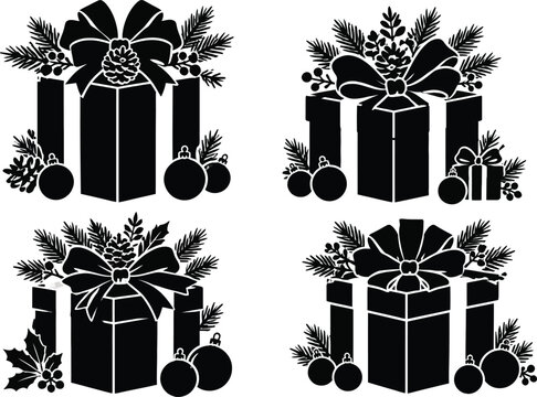 Set of Four Christmas Gift Box Silhouettes with Decorative Bows, Pine Branches, Ornaments, and Holly Leaves for Festive Holiday Season Vector Illustration and Graphic Design Projects.