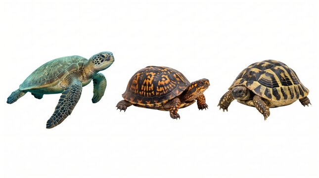 Three different species of turtles, including a sea turtle and two land tortoises, isolated on a white background