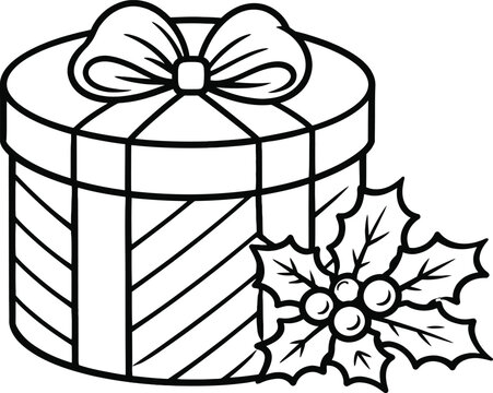 Christmas Gift Box with Holly Berries Line Art Vector Illustration: A Festive Round Present with Ribbon Bow, Perfect for Holiday Coloring Pages, Seasonal Greeting Cards, and Party Designs.