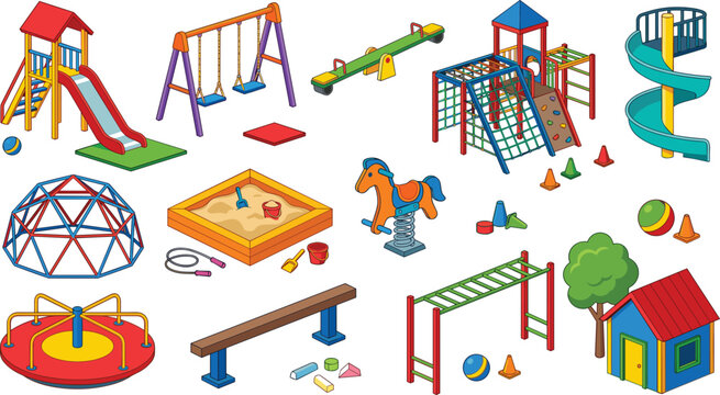 Playground equipment icon set featuring slides swings climbing frames sandbox and outdoor kindergarten park vector elements