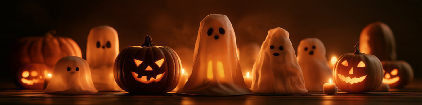 cute Halloween backdrop 3d render with ghosts and pumpkin