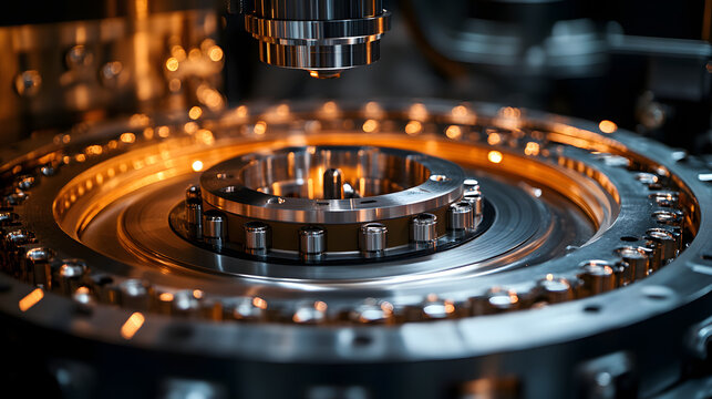 A detailed close-up view of a precision-engineered mechanical component being analyzed under industrial lighting, highlighting metallic textures and complex design.