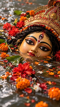 Enchanting wet face of clay idol partially immersed in clear water with vibrant floral offerings highlighting spiritual durga visarjan and durga puja