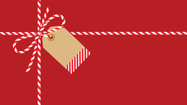 Festive Christmas Gift Background with Red Wrapping Paper, Decorative Red and White Baker's Twine Bow, and Blank Kraft Paper Tag for Your Message, Minimalist Holiday Vector Illustration