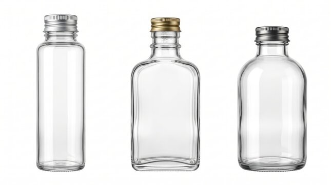Three empty glass bottles with metal screw caps, including a tall cylinder, a rectangular flask, and a round bottle on a white background