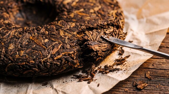 Close Up of Compressed Pu Erh Tea Cake With Pick Prying Off Flakes