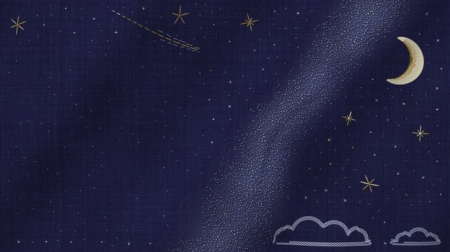 Hand Embroidered Night Sky Seamless Loop, Gold Thread Stars, Crescent Moon and Milky Way on Indigo Linen with Gently Moving Fabric Folds