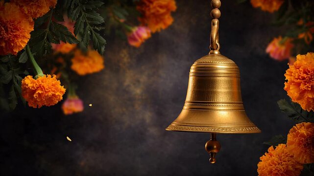 Brass bell with marigold garlands hanging against warm bokeh background, closeup of ornamented altar with orange marigold blooms, soft golden light, tranquil