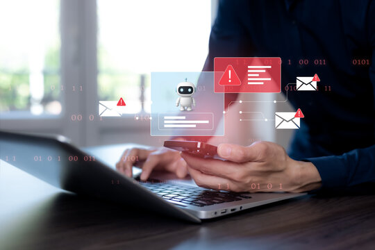 AI email security concept with a robot assistant, suspicious message icons and red warning alerts, illustrating phishing detection, spam filtering and online fraud prevention.