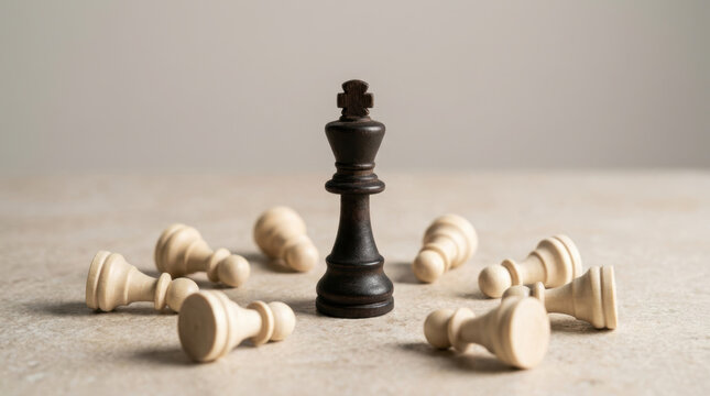 Chess piece king surrounded by fallen pawns symbolizing leadership and workforce in gig economy concept