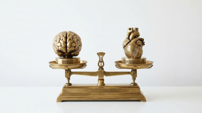 Work brain and personal life heart balance concept on vintage scale symbolizing gig economy workforce harmony