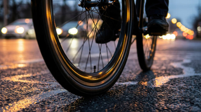 Bicycle wheel close up on wet street during evening gig economy supports flexible workforce transportation and urban mobility