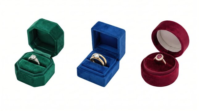 Three velvet ring boxes in green, blue, and burgundy, each containing a diamond engagement ring, isolated on a white background