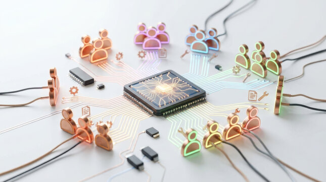 Gig economy workforce concept with microchip and connected people representing digital collaboration and remote work