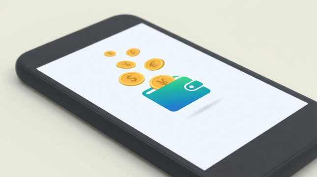 Digital wallet on smartphone screen showing coins with currency symbols representing gig economy workforce earning money online