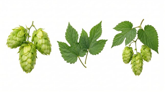 Fresh green hop cones and serrated leaves isolated on a white background, set of three botanical for brewing and herbal ingredients