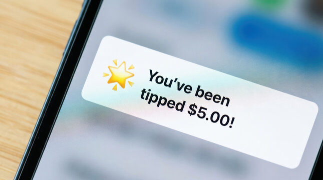 You been tipped notification on smartphone screen showing gig economy workforce digital payment message for online earning