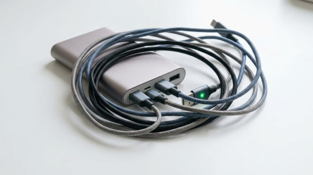 Portable power bank with multiple charging cables coiled around it showing gig economy workforce reliance on mobile technology