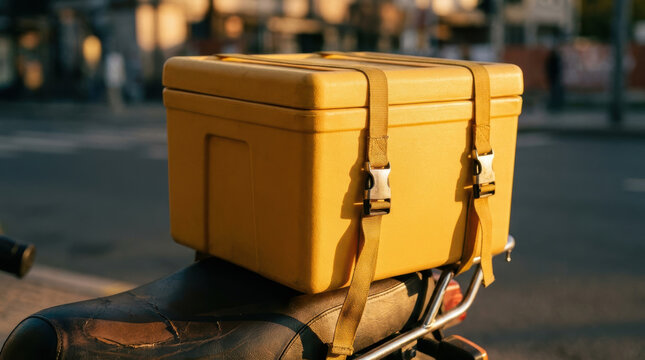 Delivery box on motorcycle seat represents gig economy workforce working with fast transport and secure packaging in urban environment