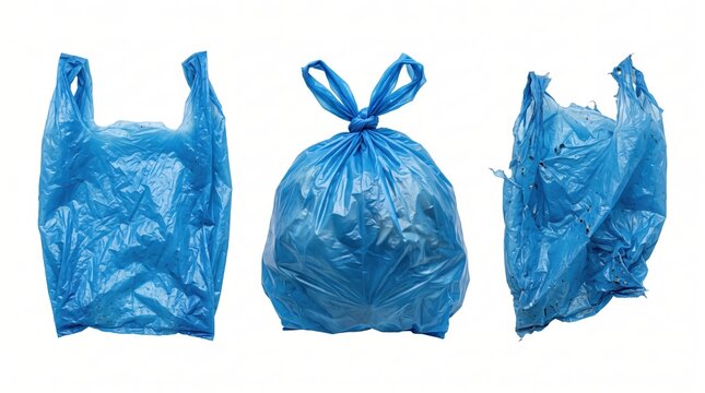 Three blue plastic bags, one empty open bag, one tied full bag, and one crumpled bag isolated on a white background