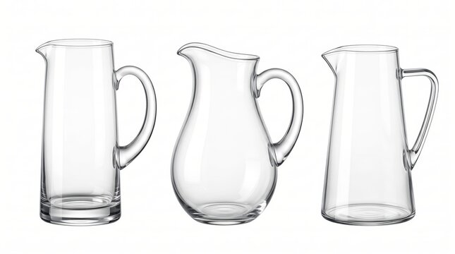 Three empty clear glass pitchers with curved handles, arranged in a row against a plain white background, studio product
